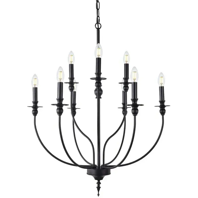 Black wrought iron decorbites nine-head retro industrial chandelier light with candle-style bulbs for elegant interior lighting