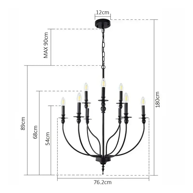 Black wrought iron retro industrial chandelier with nine e14 candle lights for vintage indoor decor