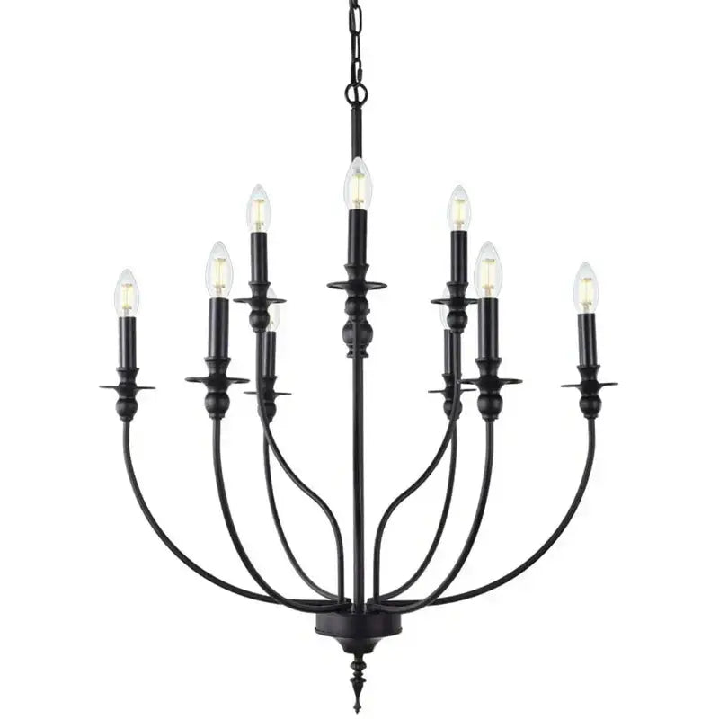 Black wrought iron retro industrial chandelier with nine e14 candle-style bulbs for elegant lighting