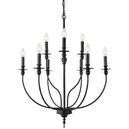 Black wrought iron decorbites™ 9-head retro industrial chandelier with nine e14 candle-style bulbs and metal frame