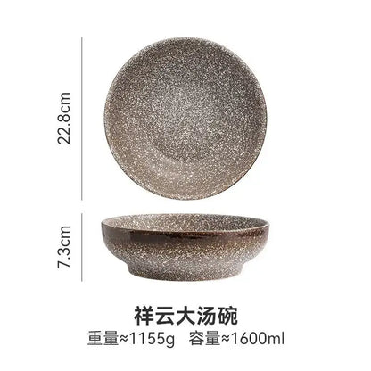 A speckled gray retro ceramic ramen noodle bowl with a textured surface and flared rim for Japanese style soup