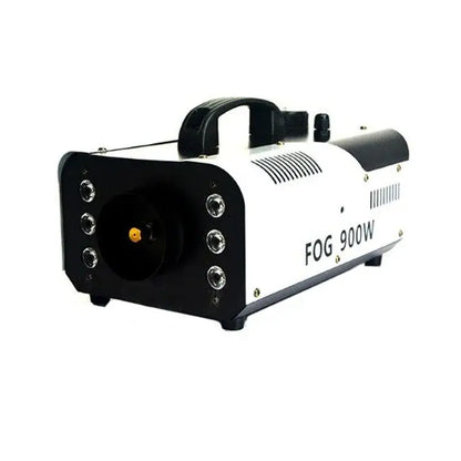 Black and white DecorBites™ 900w led fog machine with handle ventilation grilles and six silver ports for stage use