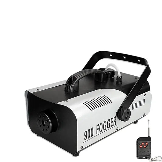 Black and silver DecorBites 900w fogger with handle, ventilation, control knobs, and wireless remote control for stage use