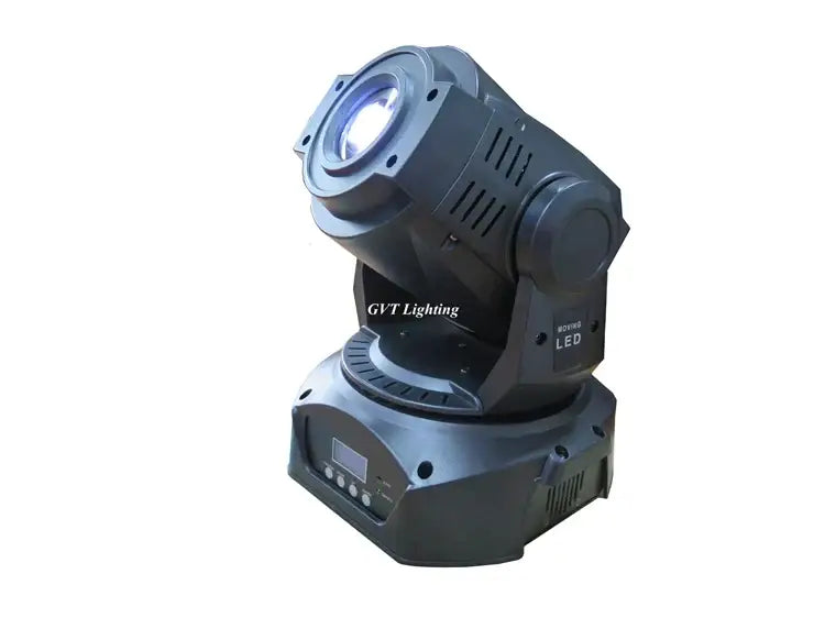 Black DecorBites 90W LED moving head light with circular lens and ventilation slots for stage events