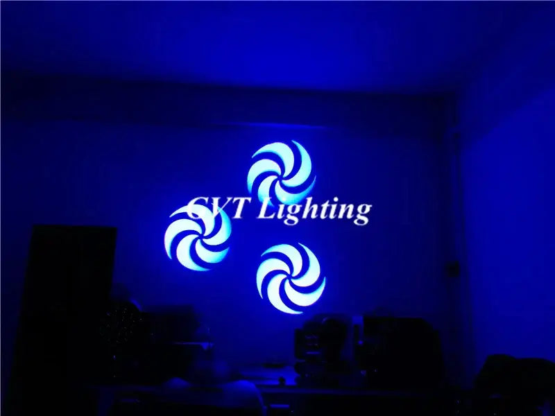 Decorbites 90w led moving head light projecting a blue spiral logo for stage and dj lighting effects
