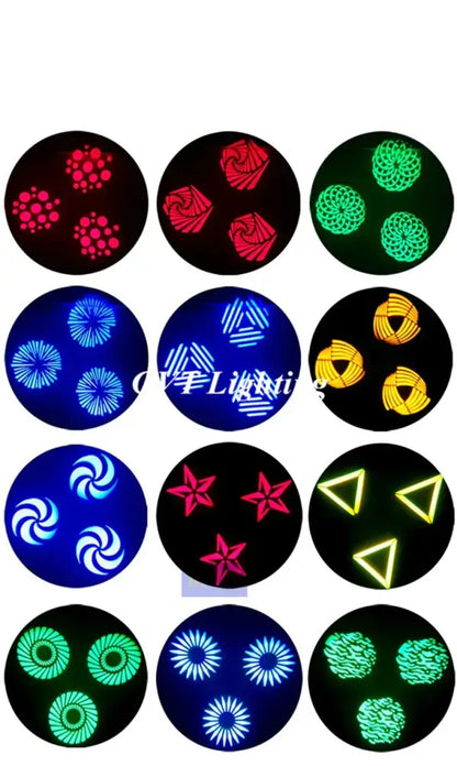 Decorbites 90w led spot moving head light displaying vibrant red green blue yellow and white patterns on black background