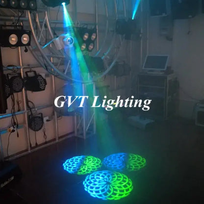 Decorbites 90w led spot moving head projects green and blue laser lights with intricate circular patterns on the floor