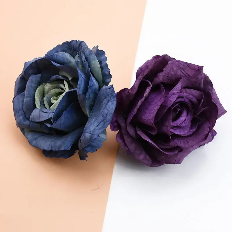 DecorBites™ 9cm silk roses artificial flowers in deep blue with green center and solid purple textured paper petals