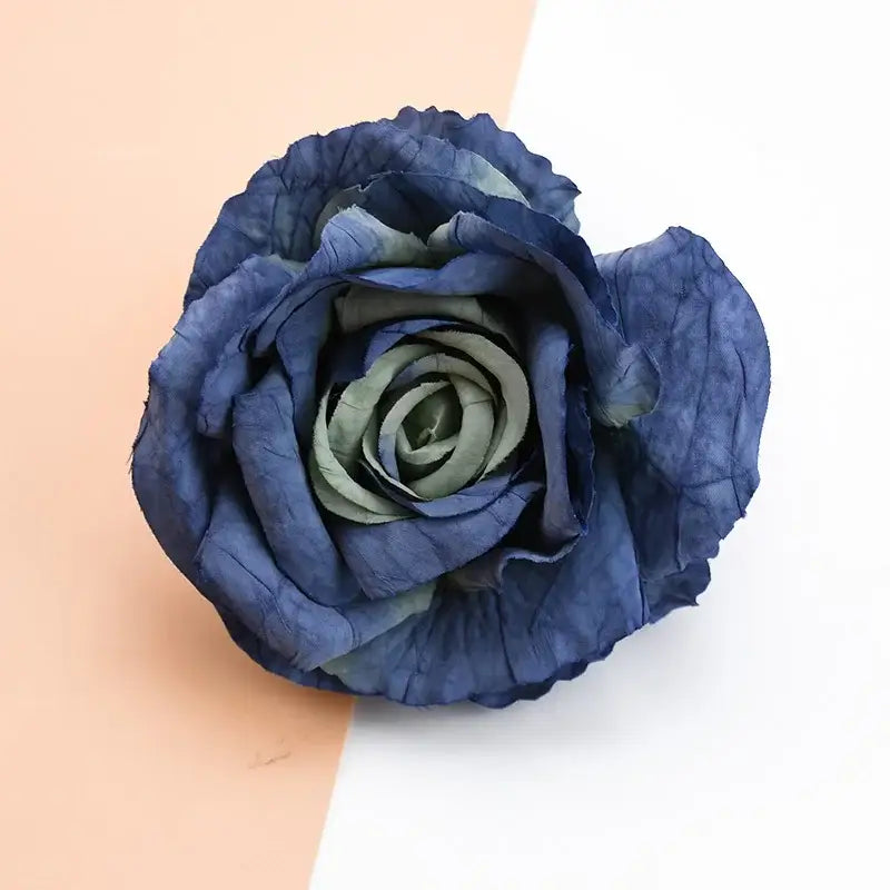 Decorbites™ 9cm silk roses artificial flowers featuring a deep blue textured paper rose with green undertones for home decor