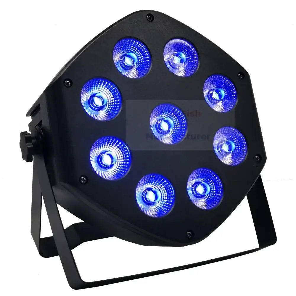 Black octagonal 9x10w led par light with eight blue glowing bulbs for small parties stage lighting by DecorBites