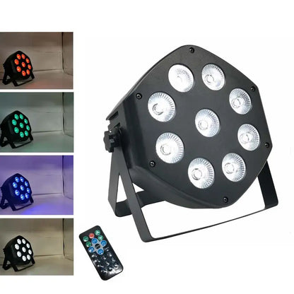 Black octagonal led par light with nine circular bulbs and remote control decorbites 9x10w rgbw led par light