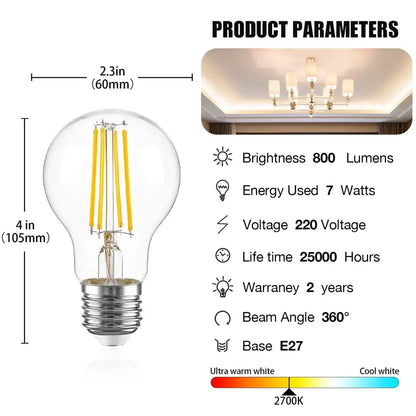Clear glass bulb with vintage filament and silver base featuring e27 screw fitting for decorbites a19 led bulbs high lumen use