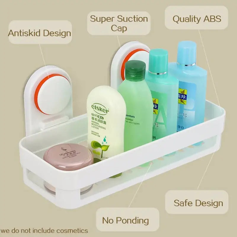 White plastic decorbites abs bathroom shelf with orange suction cups and transparent base for wall mounted storage