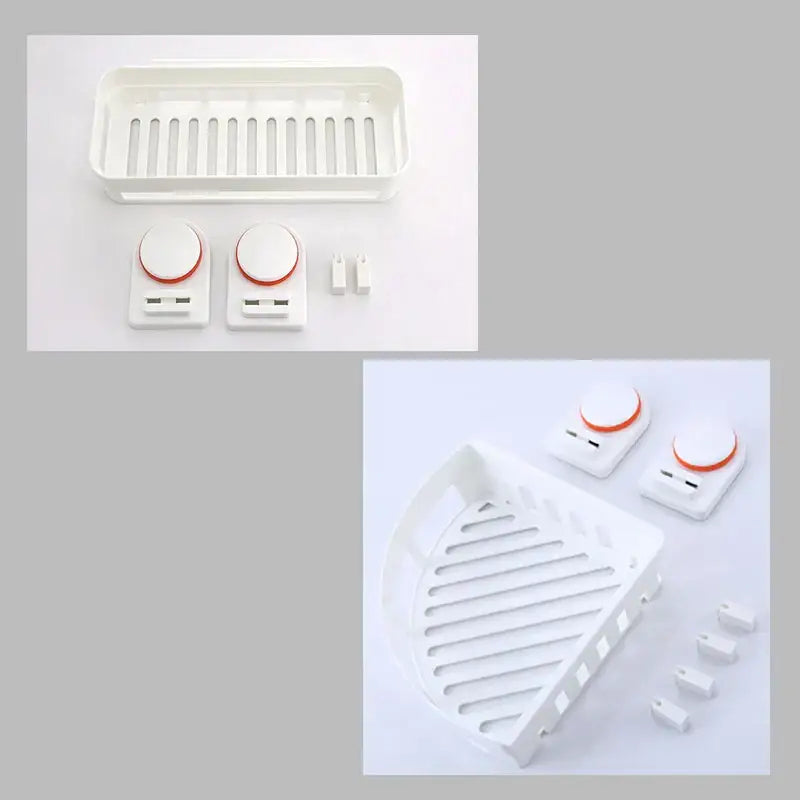 White plastic corner and rectangular decorbites abs bathroom shelf trays with red adhesive mounting clips for shower use