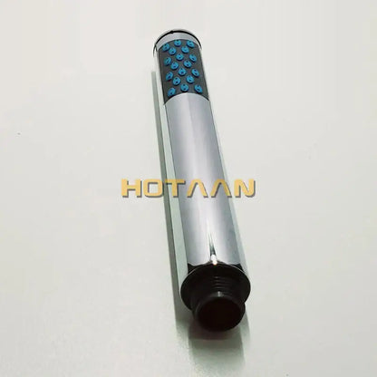 Chrome finished DecorBites ABS chrome plated handheld shower head with black rubber grip and blue spray nozzles
