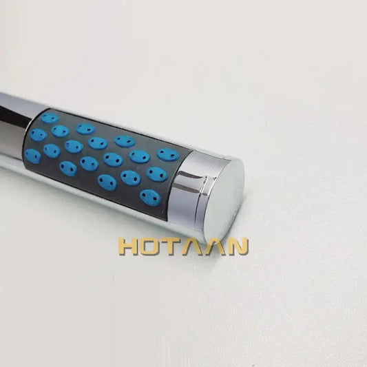 Chrome finished shower head with black grip and blue oval nozzles from DecorBites ABS chrome plated series