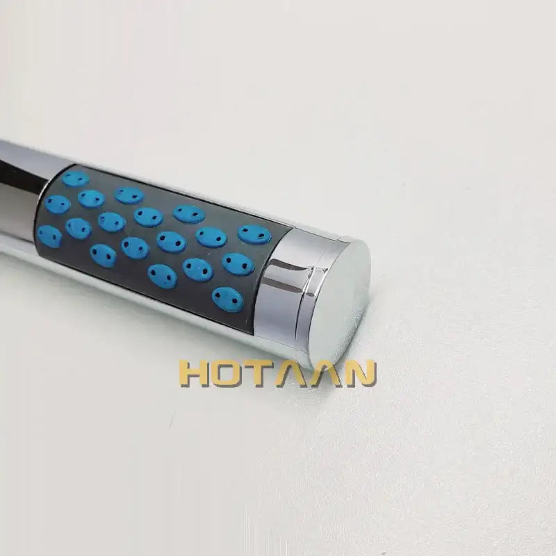 Chrome finished shower head with black grip and blue oval nozzles from DecorBites ABS chrome plated series