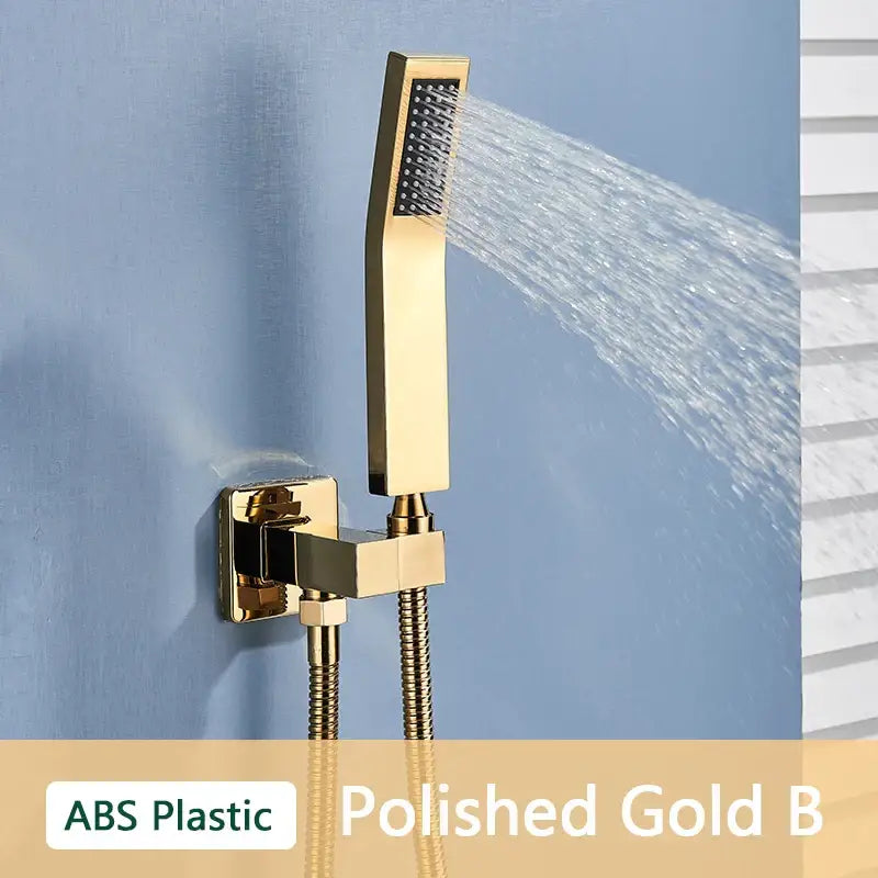 Polished gold abs plastic hand shower with sleek rectangular design and black spray grid by decorbites abs plastic