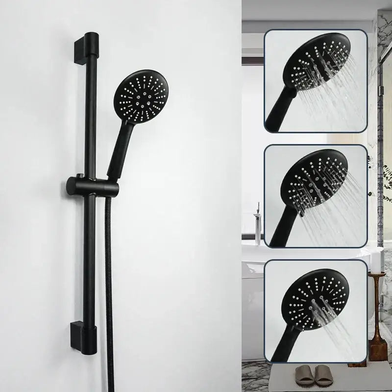 Black matte ABS3 rain shower head set by DecorBites with adjustable rod, hose, handheld nozzle, and sliding bar