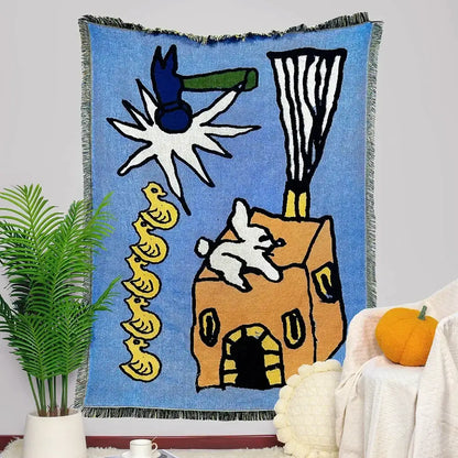 Blue woven decorbites abstract aesthetic tapestry sofa blanket with embroidered cartoon characters and vibrant designs