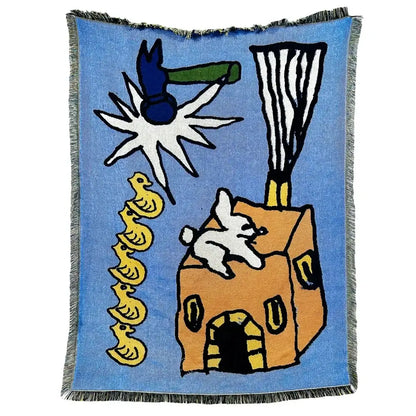Blue woven decorbites abstract aesthetic tapestry sofa blanket with fringed edges and whimsical cartoon design