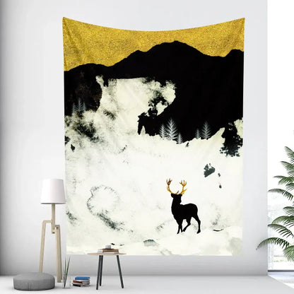 Decorbites abstract animal black and gold deer silhouette tapestry with snowy mountain landscape for wall hanging