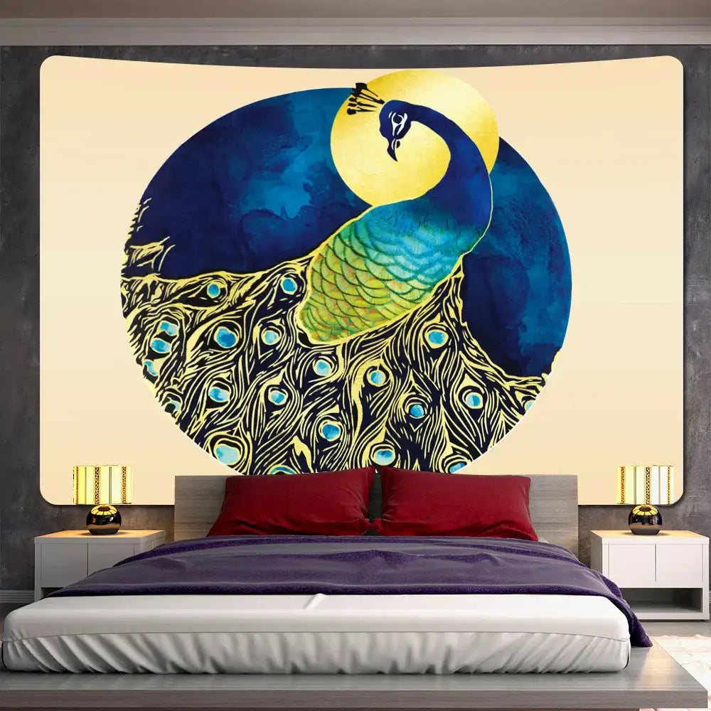 Vibrant blue and green decorbites abstract animal tapestry wall hanging with golden accents on cream background