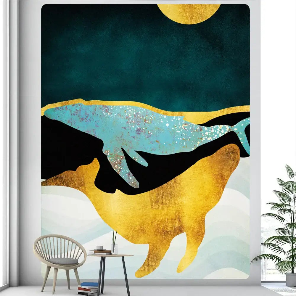 Stunning decorbites abstract animal tapestry wall hanging featuring a turquoise and gold whale design with golden sun