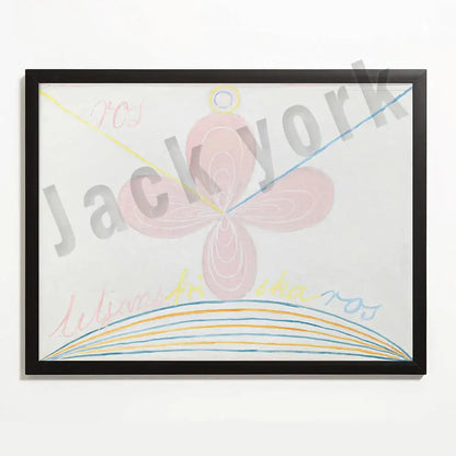 Framed decorbites abstract art canvas wall print featuring a pink flower with colorful curved strokes on white background