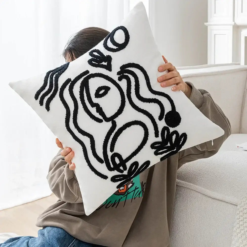 White cushion cover with black embroidered abstract art line design by DecorBites plush pillowcase for decor