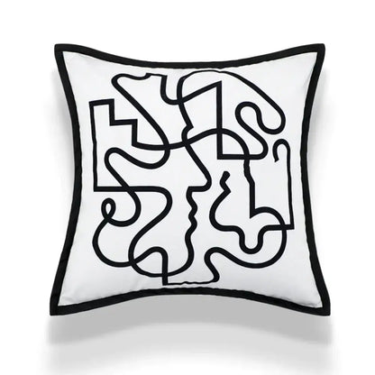 White square cushion cover with bold black embroidered abstract art line and matching black border by decorbites abstract art