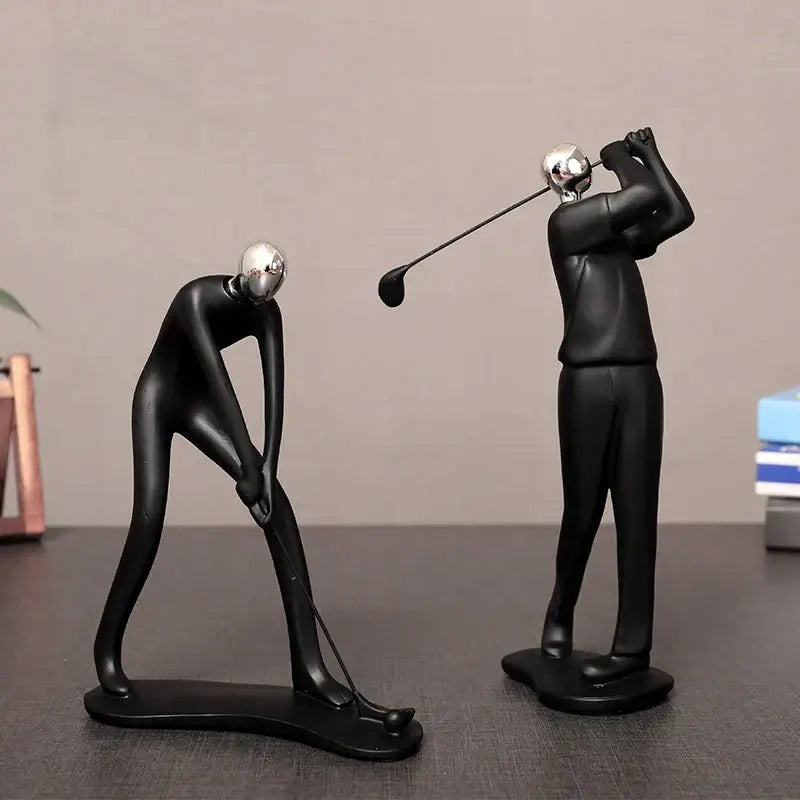 Decorbites abstract athlete statue sculpture with black resin bodies and silver metallic heads in golf poses for home decor