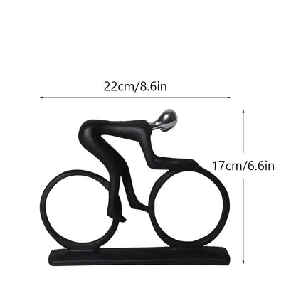 Decorbites abstract athlete statue featuring a black matte cyclist figurine with a silver head on matching base
