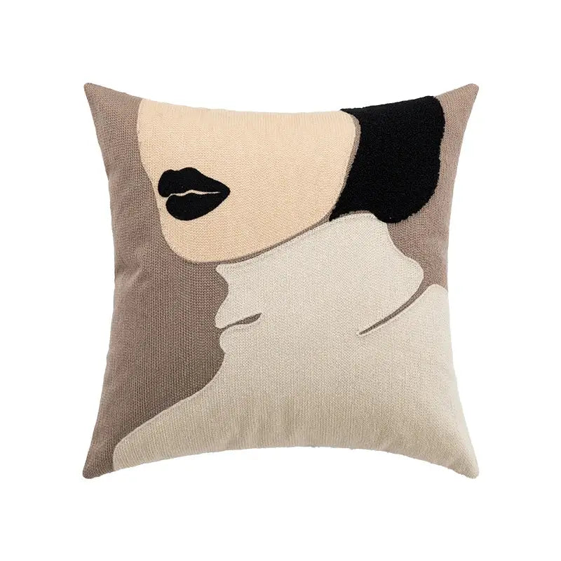 Beige and black embroidered decorbites abstract beige coffee brown cushion cover with stylized abstract face design for sofa bed