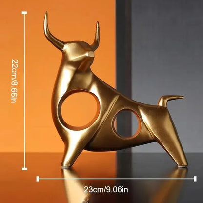 DecorBites™ abstract bull sculpture cattle statue in golden metallic with sleek modern design and circular cutouts for home decor