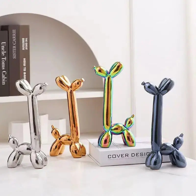 Decorbites abstract ceramic balloon dog sculptures in silver gold iridescent green and black for home office décor