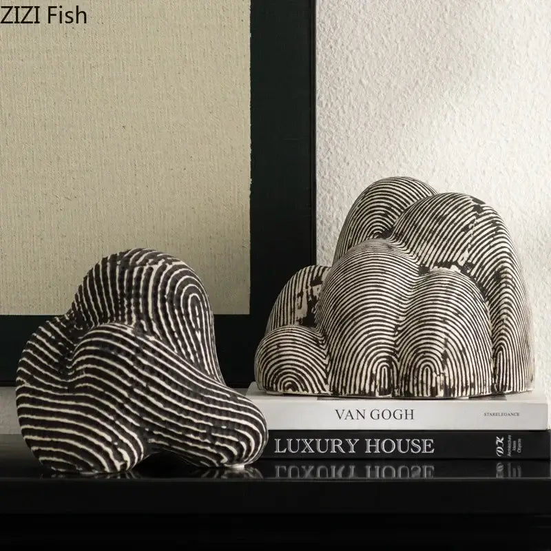 Black and white striped ceramic bookends sculpture ornament by DecorBites abstract ceramic rockery for desk decor