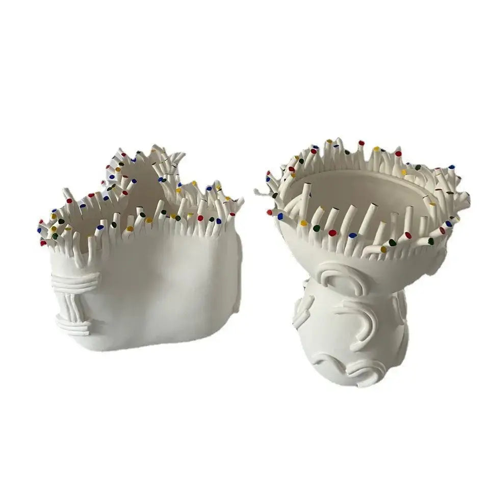 White ceramic pin holder with colorful head pins and sculpted base from decorbites abstract coral shapes flower pot vase