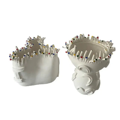 White ceramic pin holder with colorful head pins and sculpted base from decorbites abstract coral shapes flower pot vase