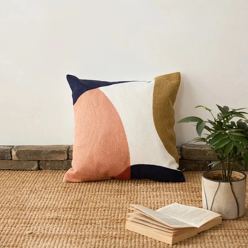 Decorbites abstract embroidered pillow cover 45x45cm with textured geometric pattern in peach beige mustard and navy blue