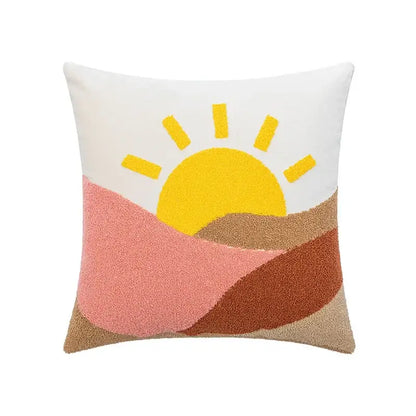 White velvet cushion cover with decorbites abstract embroidery of sun rising over pink and terracotta hills