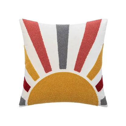 Square soft velvet cushion cover with decorbites abstract embroidery sun design in red yellow and gray on white background