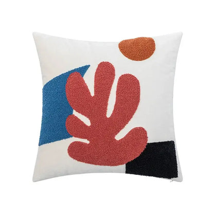 A square white soft velvet cushion cover with bold red blue and black decorbites abstract embroidery design for sofa home