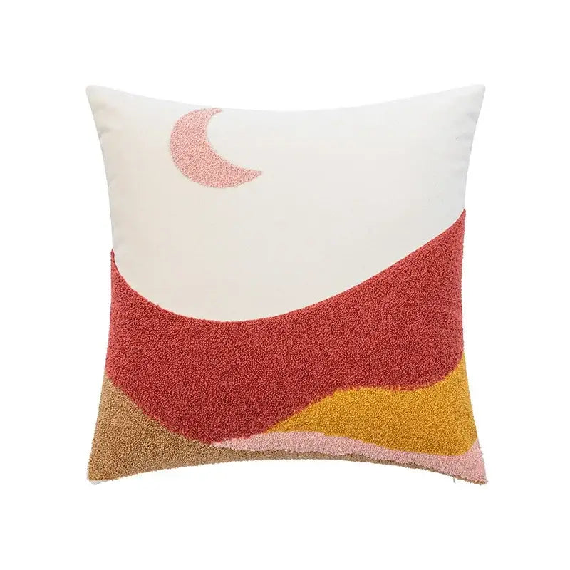 Decorbites abstract embroidery cushion cover with pink crescent moon and layered red orange beige velvet design