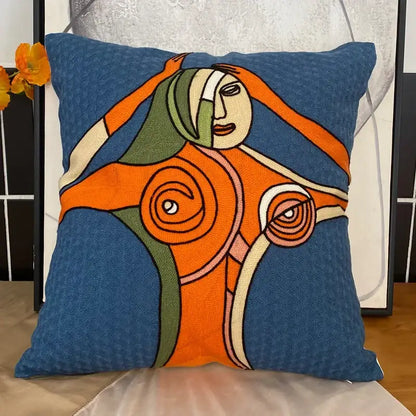 Blue decorbites abstract embroidery pillowcase 45x45cm with orange green cream abstract design on textured fabric background
