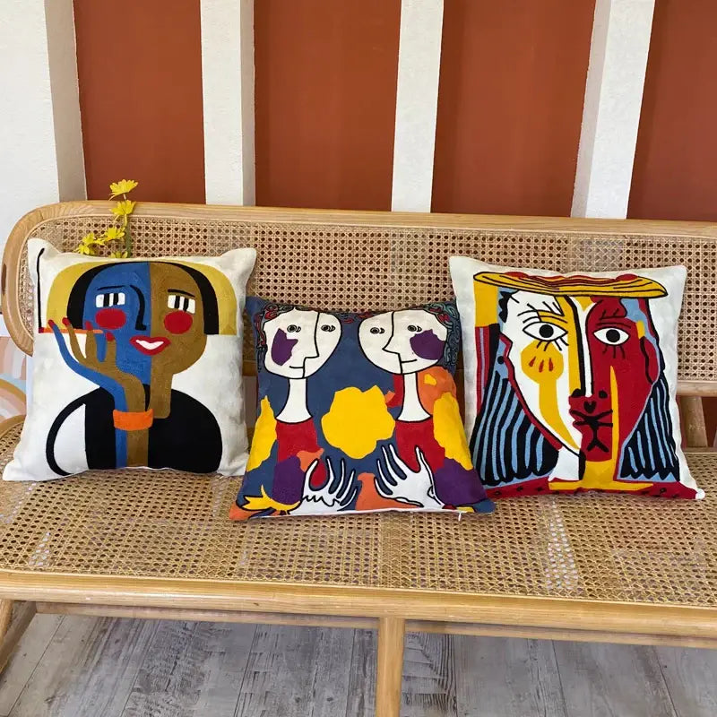 Three decorbites abstract embroidery throw pillows 45x45cm with colorful picasso style abstract embroidery pillowcase designs