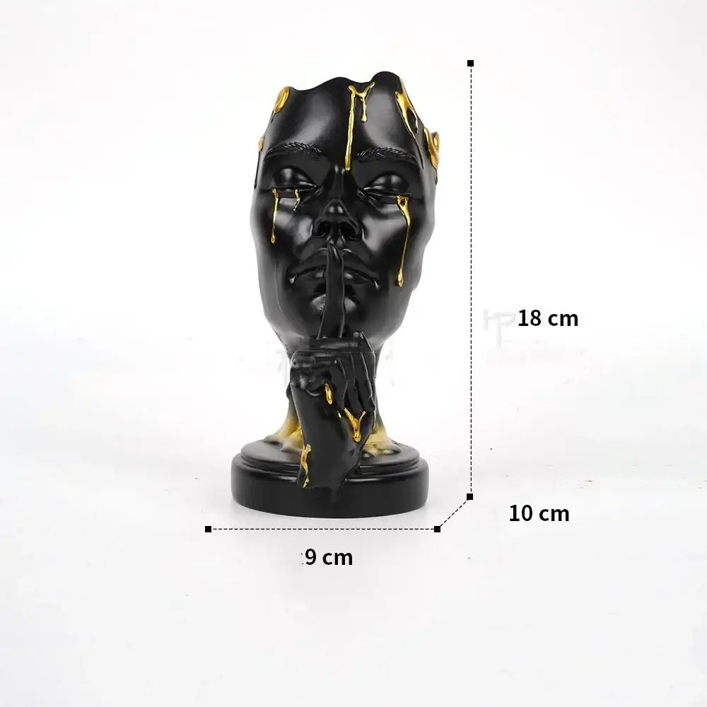 Black resin decorbites abstract face mask with gold drips and shh hand gesture home decor figurine