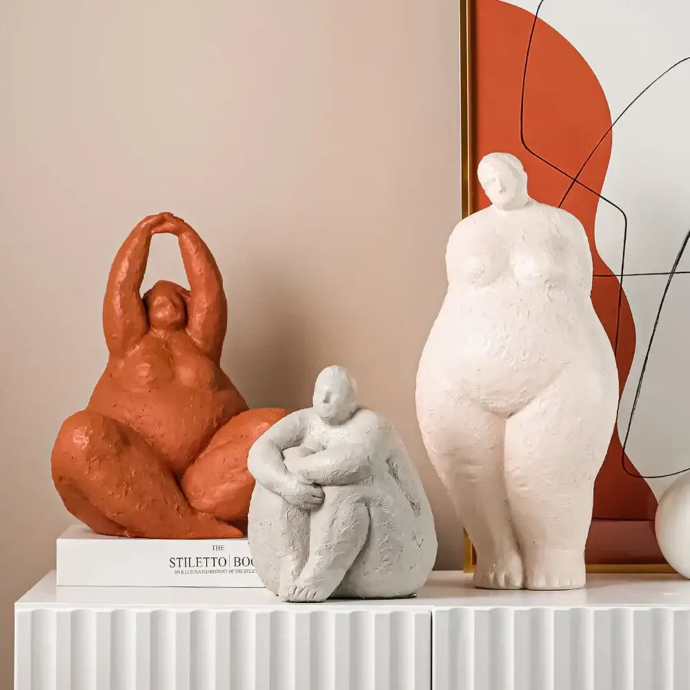 Decorbites abstract fat lady figurines set of three ceramic curvy women in terracotta orange white and textured gray resin crafts