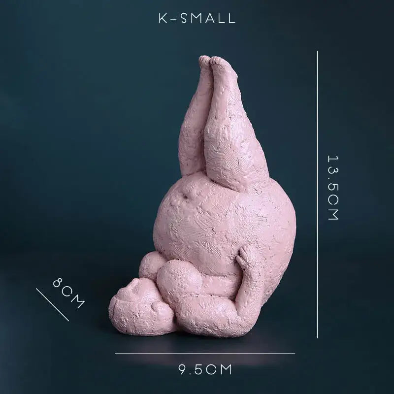 Decorbites abstract fat pink textured clay sculpture of a person in an upside-down yoga pose fat lady figurines