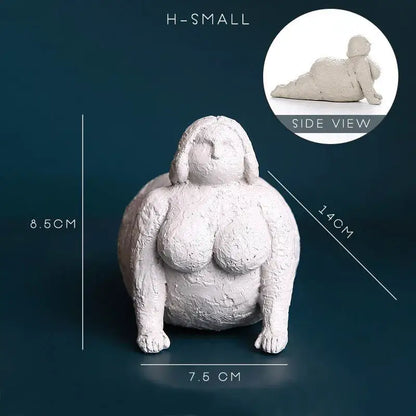 White textured resin decorbites abstract fat lady figurine of seated woman with rounded features and flowing hair for home decor